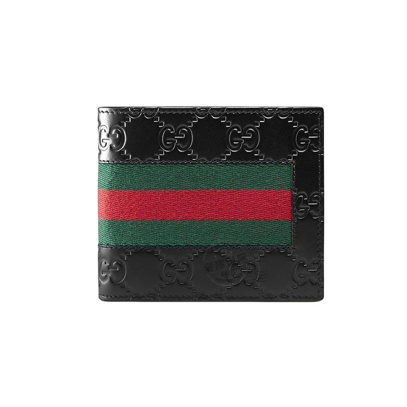 Gucci Presbyopia Logo embossed red and green striped webbing short bifold leather wallet wallet men's black