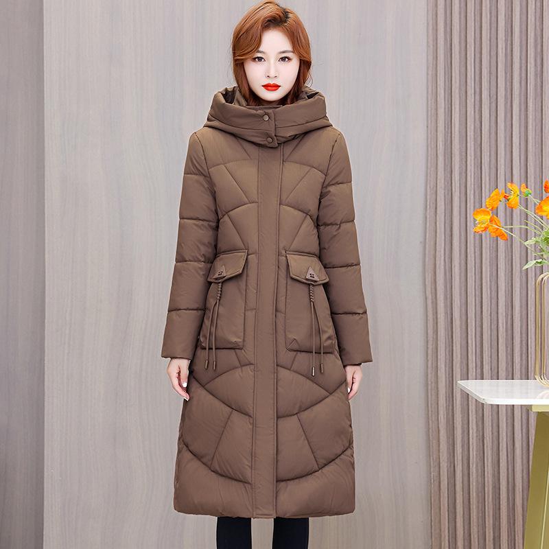 Long over-knee hooded cotton-padded clothes for women's new winter medium and long large size waist and thin middle-aged and elderly coats