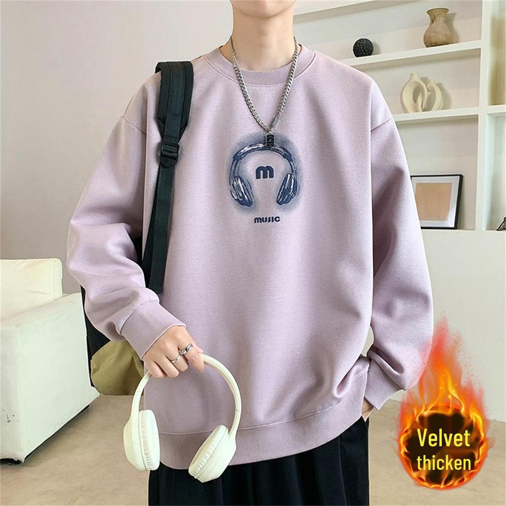 Men's Round Neck Hoodie, New Style: Spring, Autumn & Winter, Plus Velvet, Long Sleeve, Youth & Big Kids Trendy T-shirt