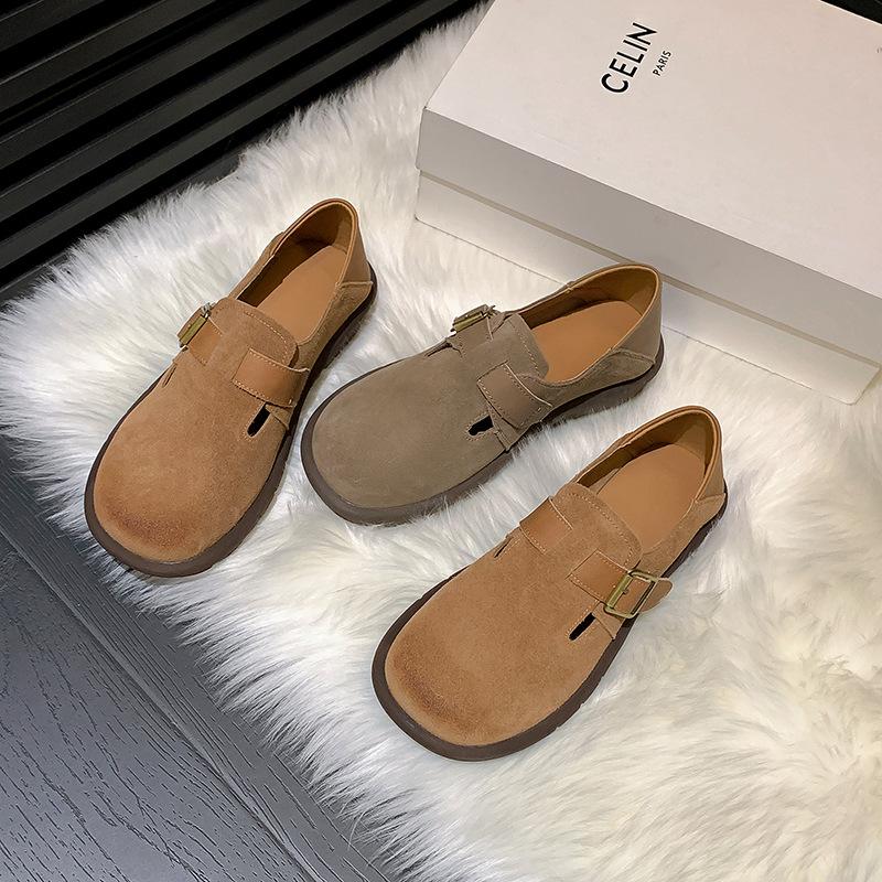 New spot Boken shoes with fleece round head 2025 autumn and winter one-pedal fluffy shoes leather bag head retro Boken single