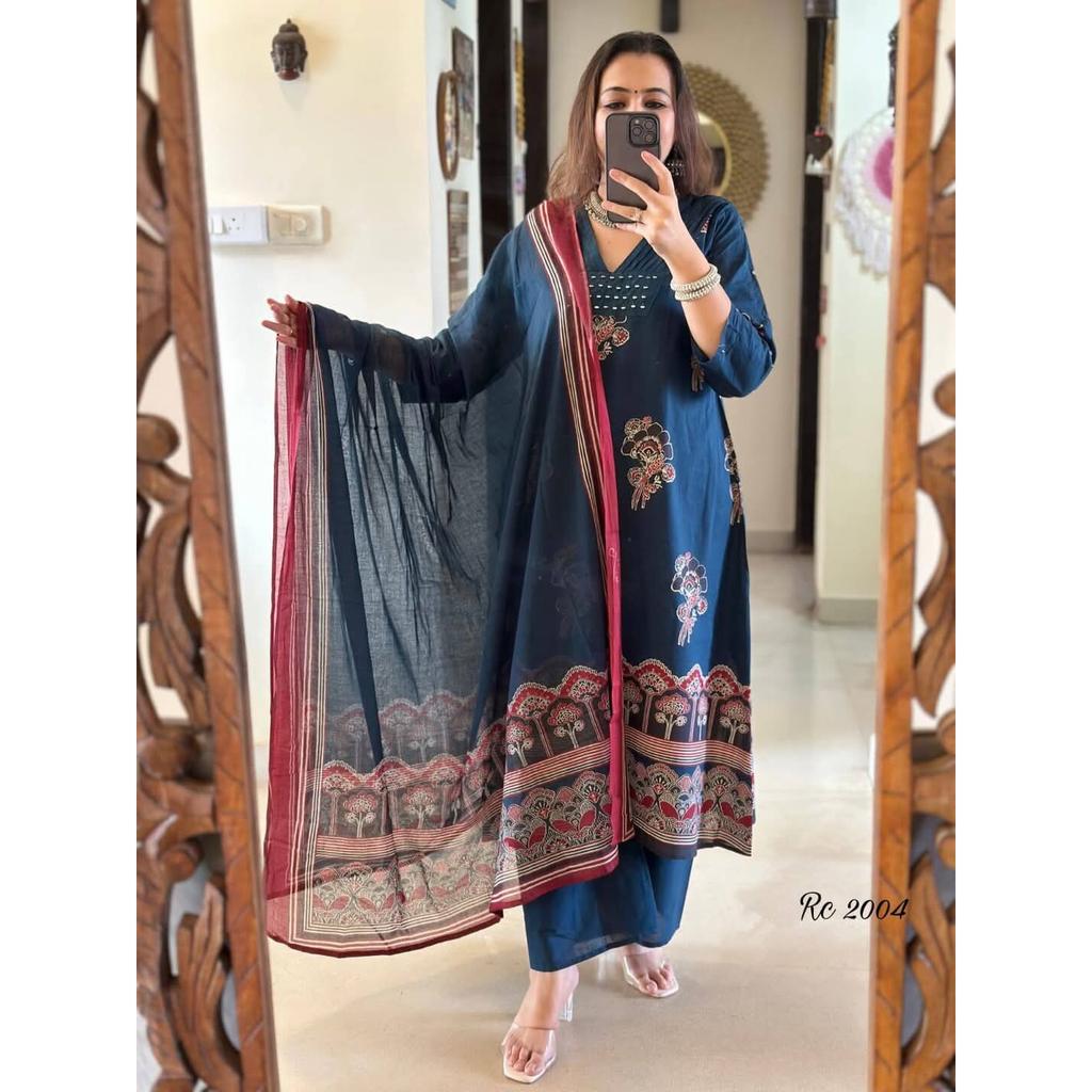 Women Party Wear Top Tunic Kurta Pant Dupatta Set Indian Bollywood Cotton Kurti 2384