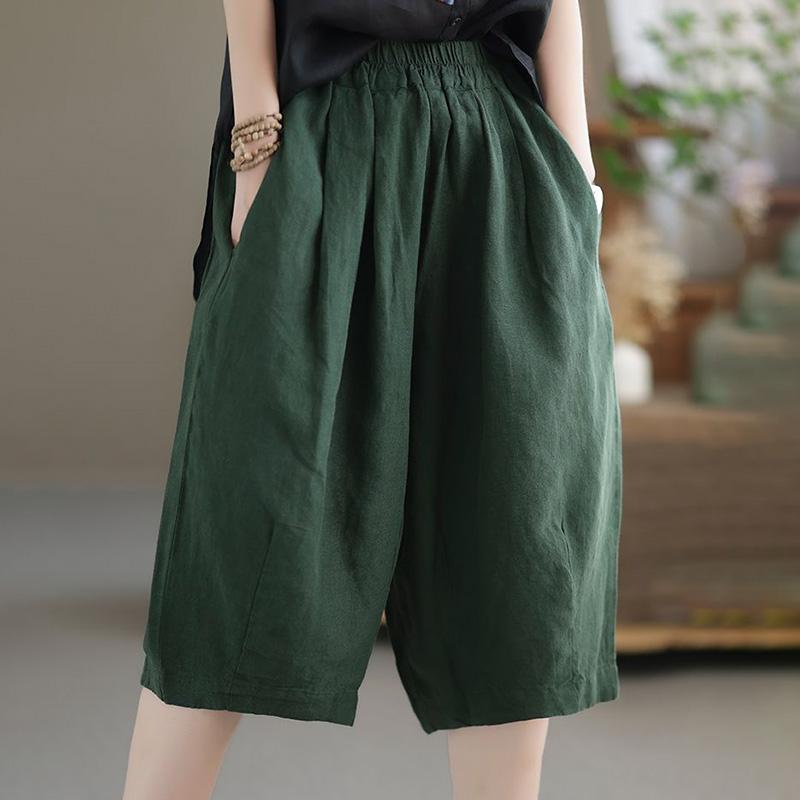 Cotton Short Pants Women's Summer Versatile Wide-legged Pants Comfortable Cotton Linen Pants Elastic Waist Chinese Pants