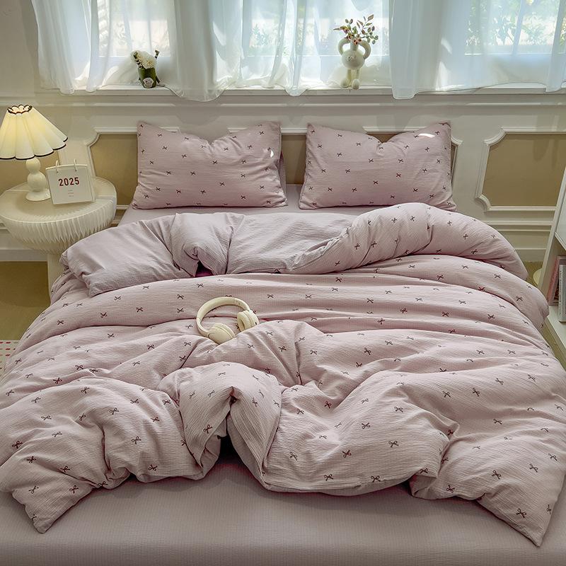Cream Wind Double Yarn Bedding Four-piece Set Skin-friendly Breathable Washed Sheets Quilt Cover Pillowcase