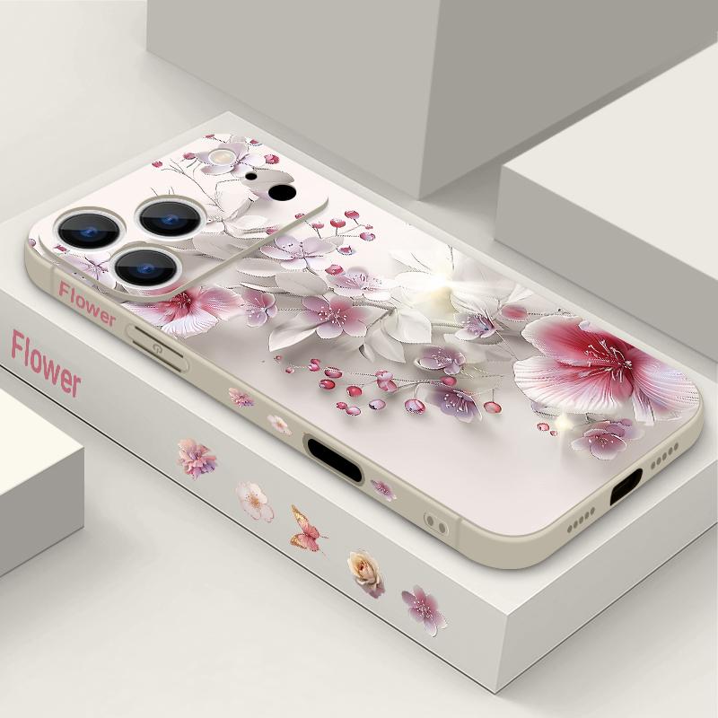Pink White Flower Pattern Lanyard Case For iPhone 17 Pro Max Soft Silicone Cover For iPhone 16 Pro Max Funda iPhone 15 14 13 12 11 16E Air