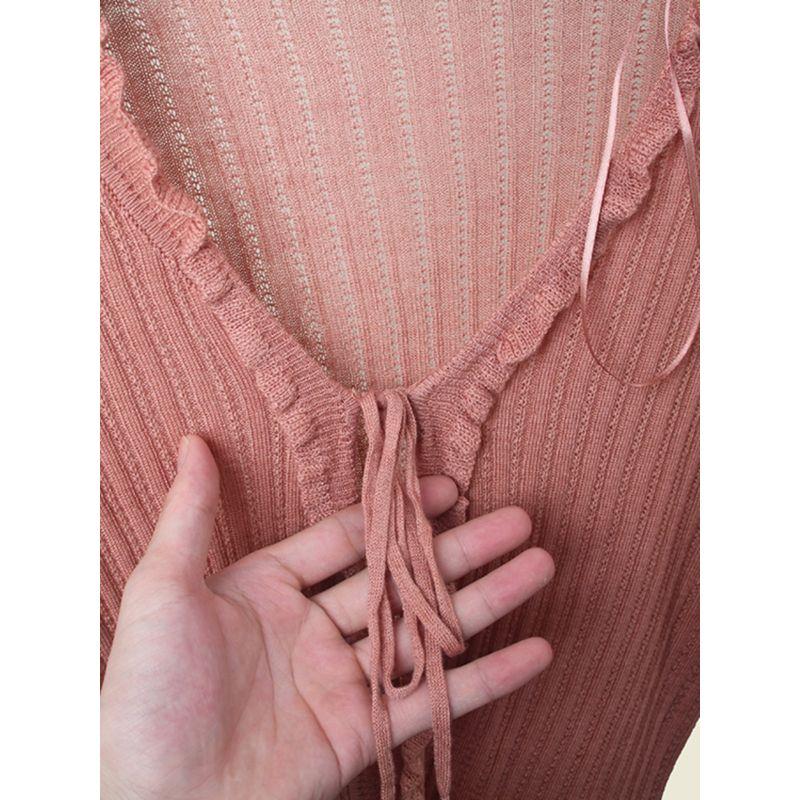 Stringy Selvedge Lace-up Thin Knitting Cardigan Foreign Trade Original Order Pure Color Silm Outer Wear Sweet Spicy Women's Long Sleeve Outer Tops