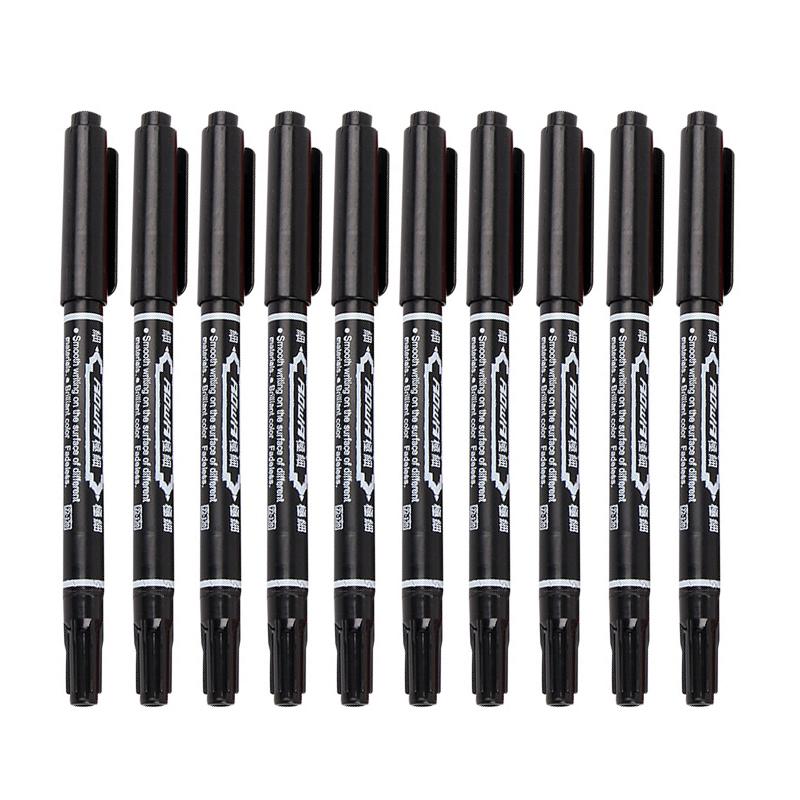10Pcs/Set Double Sided Permanent Markers Pens Fine Point Waterproof Ink Thin Nib Crude Nib Black Ink School Supplies Markers Pen