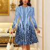 Women Long Sleeve Round Neck Midi Dress Retro Paisley Floral Swirl Print Flared Casual Dress