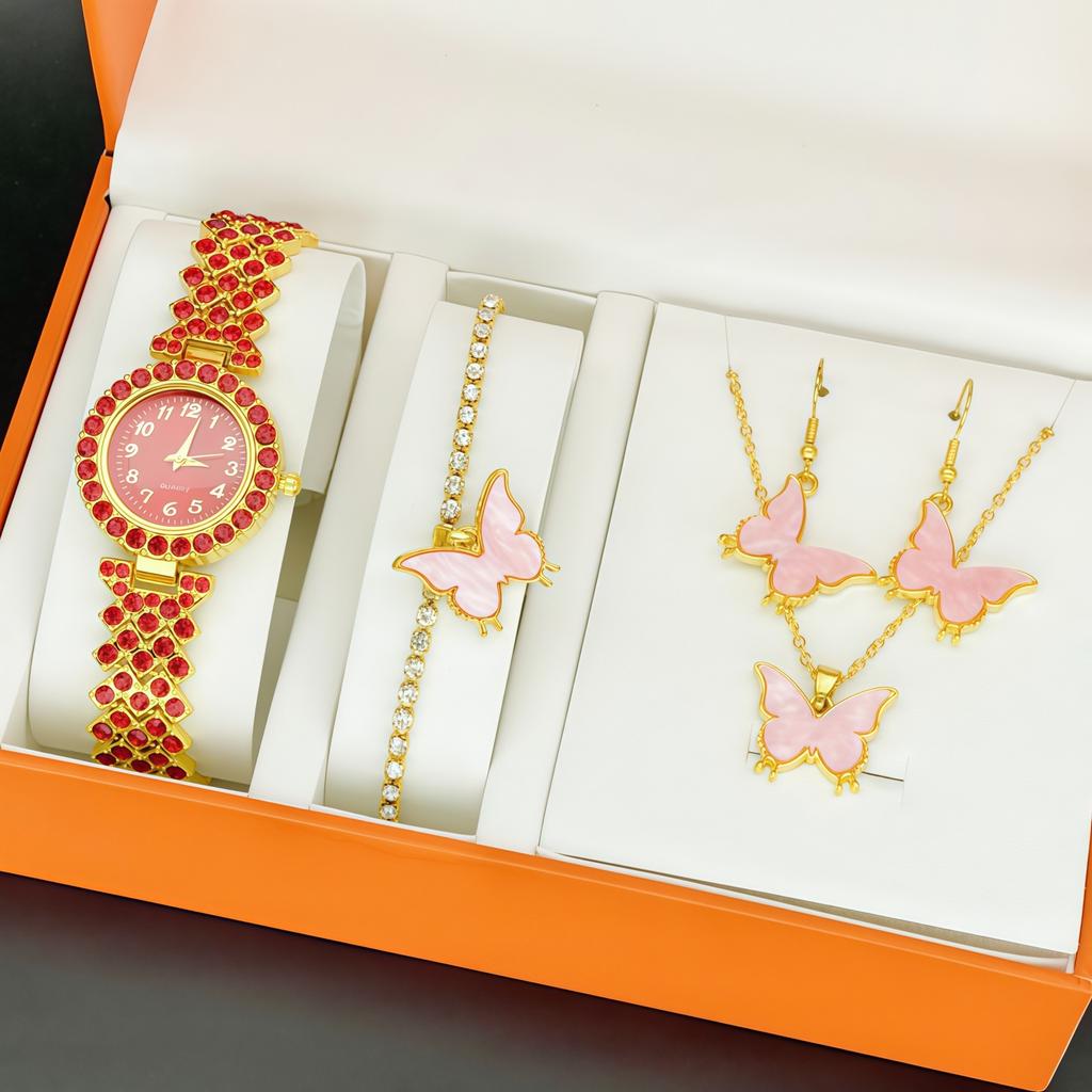 Ladies Fashion Diamond Set Watch Set Gift Box, Butterfly 5Pcs Jewelry Roman Bracelet Gold Watch