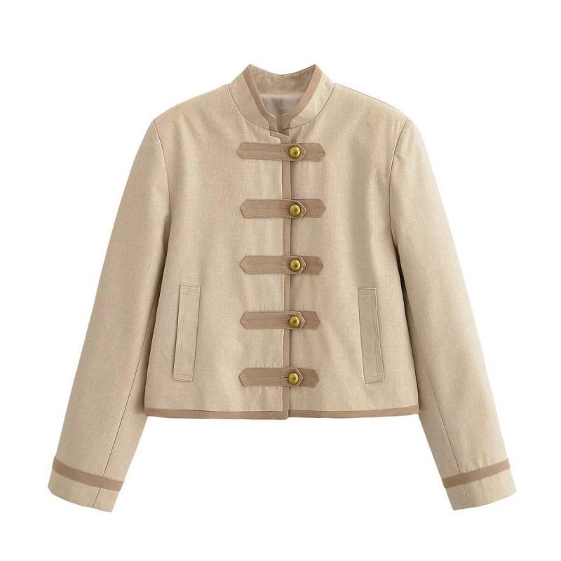 Womens Winter Wool-Blend Tailored Blazer With Mandarin Collar Button Detail Urban Chic Office Wear