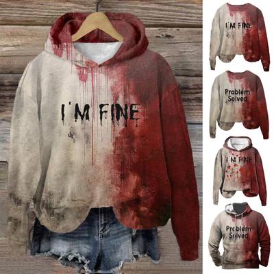 Bluza z kapturem unisex z nadrukiem plam krwi Halloween nawiedzony dom Cosplay Top ściągany sznurkiem kaptur kieszeń długie rękawy luźna bluza z kapturem