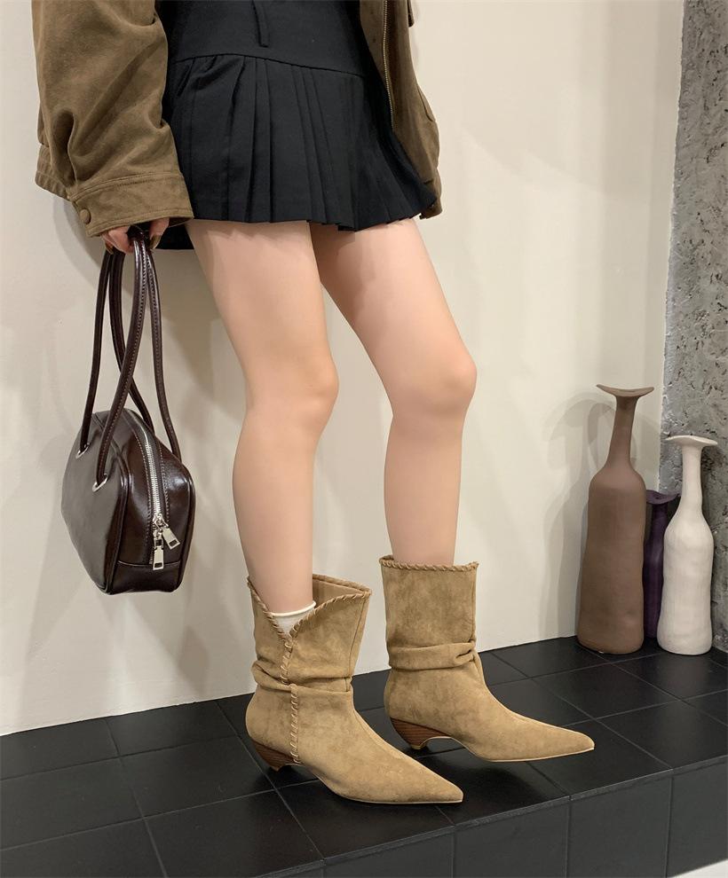 2025 New Niche Design Pleated Pile Boots Women's Low Heel Pointed Short Boots Women's Western Boots