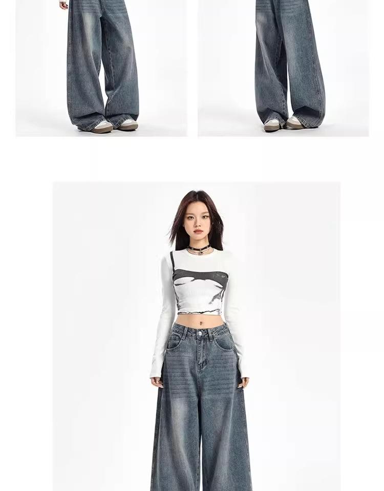 Unisex American Retro High-Waist Wide-Leg Jeans: Spring & Autumn, Loose, Slimming, Drapey, Floor-Length Straight-Leg Style.