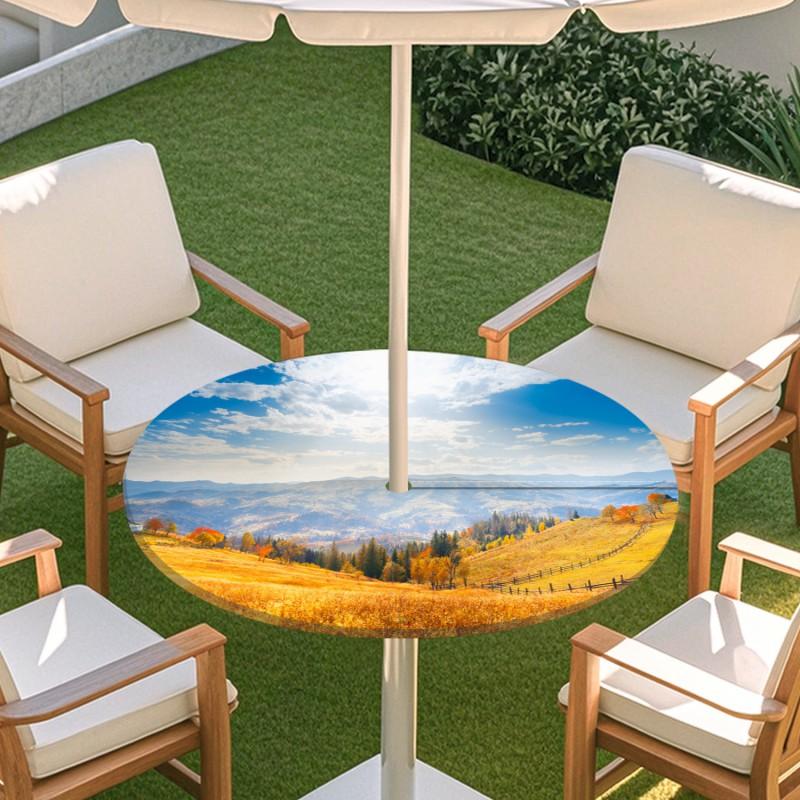 Outdoor Round Table Cover With Nature Print Waterproof Elastic Hem Patio Garden Deck