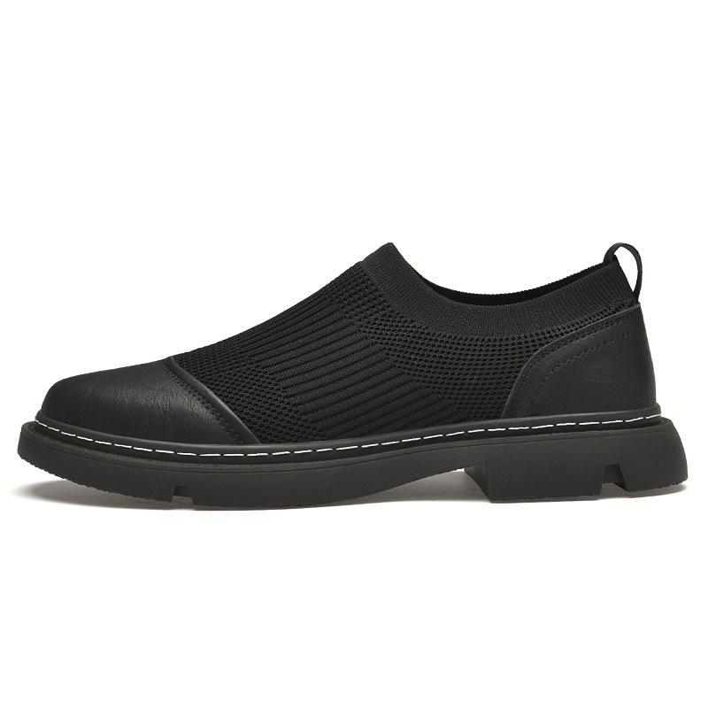 Men's Breathable Knit Mesh Slip-on Loafers - Spring/Summer Casual Low-top, Patchwork Design, Hidden Height Boost, Leather Details