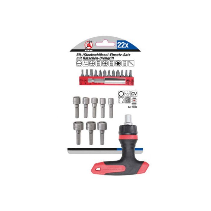 Jeu d'embouts et douilles poignée en T à cliquet pour embouts réversibles BGS - 22 pcs - 20122