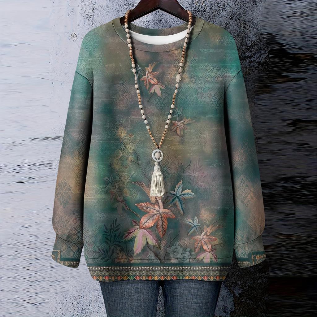 Women's Floral Print Round Neck Long Sleeved T-shirt Sweatshirt Top