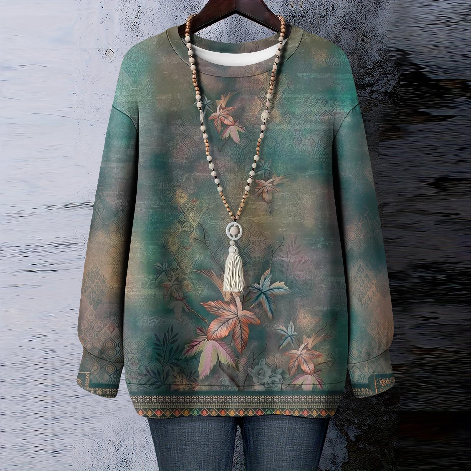 

Women s Floral Print Round Neck Long Sleeved T-shirt Sweatshirt Top M