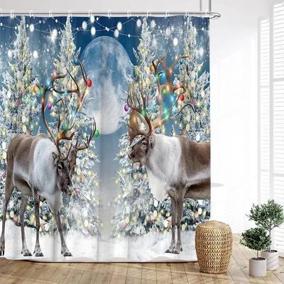 Christmas Reindeer Shower Curtain Winter Xmas Trees Full Moon Moose New Year Home Bathroom Decoration Bath Curtains