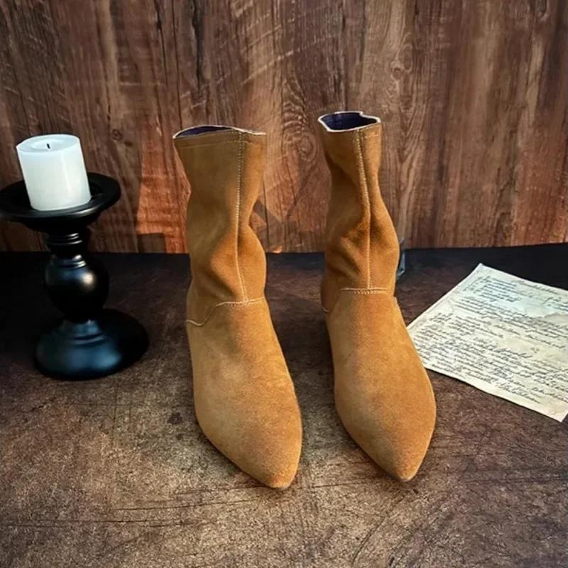 Fashion Pointed Toe Ankle Boots Women Flats Suede Shoes Woman Winter 2025 Fashion Goth Retro Gladiator Chelsea Snow Soft Botas De Mujer