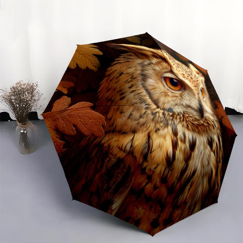 Owl and Leaf pattern, automatic folding umbrella, portable and foldable design, 8 ribs, a Christmas or birthday gift.
