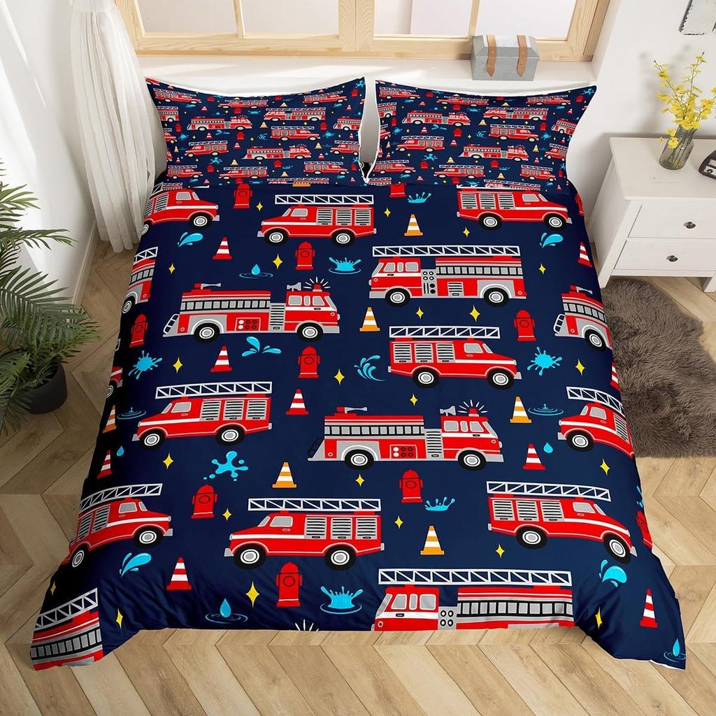 Fire Truck Duvet Cover Twin Queen Size,Kids Cute Car Road Traffic Print Comforter Cover Cartoon City Map Firefighter Bedding Set