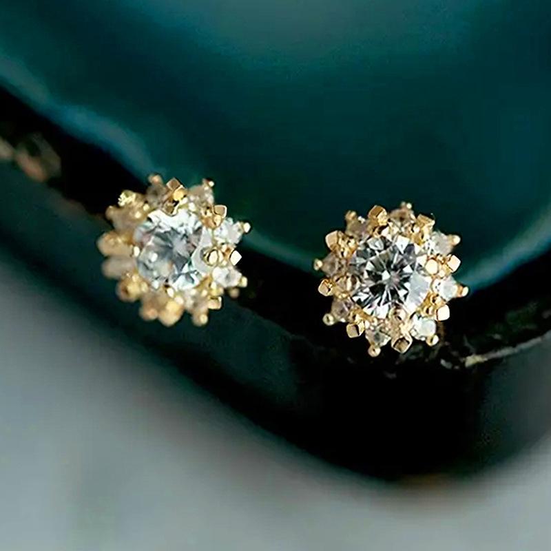 Gold Plated Sunflower Halo CZ Stud Earrings, Elegant Round Cut Crystal Pave Studs for Women