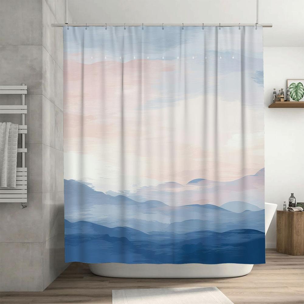 Modern Home Decor Shower Curtain SetSoft Gradient Floral Design in Blue and Pink Water Resistant Fabric 72 x 72 Inches for Bathr