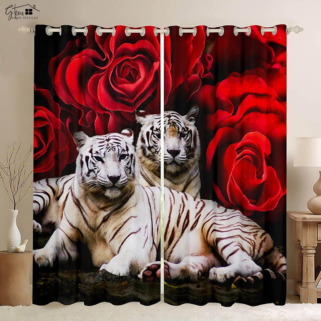 Róża Kwiat Tygrys Zwierzę Druk 3D Zasłona Styl Retro Salon Kuchnia Sypialnia Zasłona Dekoracja Okna Zasłona 2 Sztuki