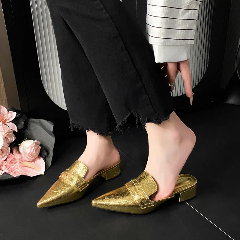 Fashion Baotou Semi-drag Women's Pointed Toe Shallow Mouth Patent Leather Rear Empty New Temperament Versatile Lazy Cool Drag