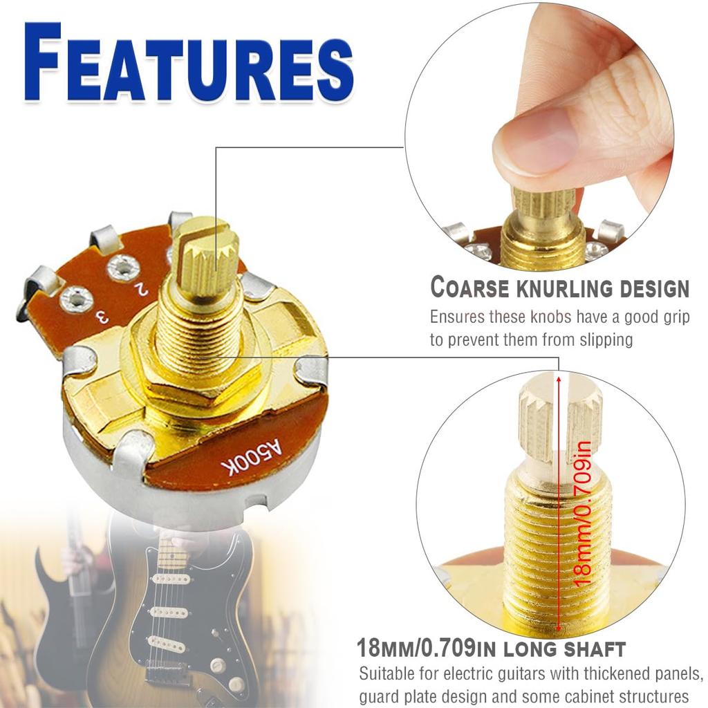 DAOKAI 500K Guitar 18mm Long Brass Shaft Control Brass Shaft Full Metric Size Audio Taper Potentiometer 18 Spline Shaft for Electric Guitar and Bass