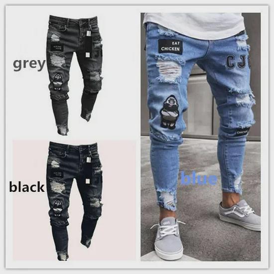European and American Men's Ripped Badge Skinny Jeans