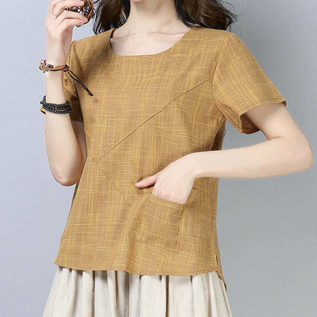 Women Patchwork Cotton Linen Short-sleeved Top T-Shirt
