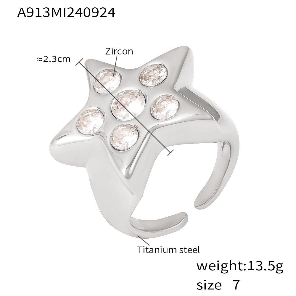 

European and American Luxury Style Pentagram Zircon Ring - Open Casting Titanium Steel Fashion Star Jewelry Size 7