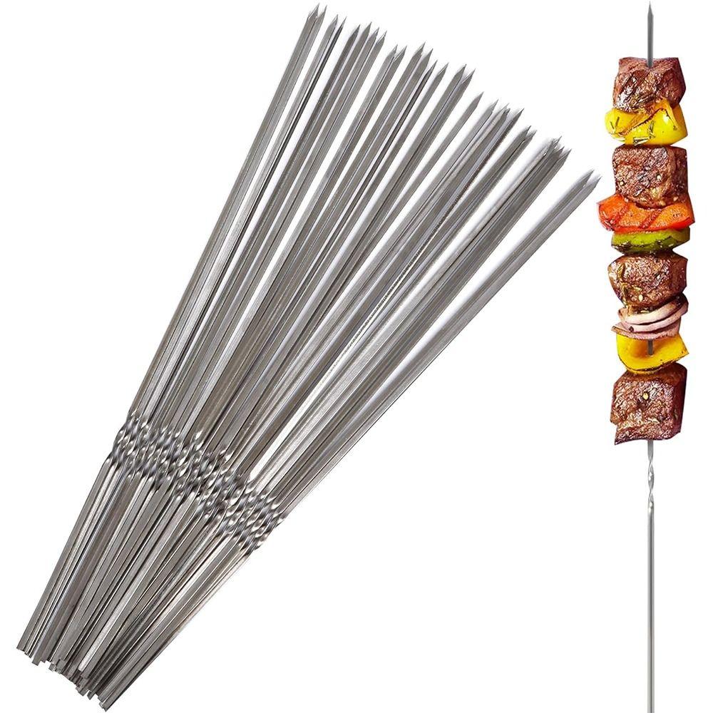 20Pcs Long Flat Kabob Skewer Stainless Steel Grilling Roast Stick BBQ Needle Stick  Outdoor Picnic