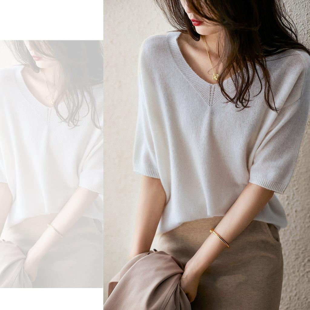 Summer cut and knit 2XL [Bolan Verl] knit, sewn, V-neck, 5/8 sleeve, top, clean, simple, plain, spring, summer, fall, women's, loose, sheer, white,
