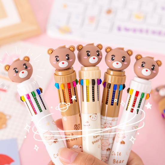 10-In-1 Retractable Ballpoint Pen Cartoon Bear Colored Pen 0.5MM Fine Point Smooth Writing Colorful Ball Pen Students School Office Supplies