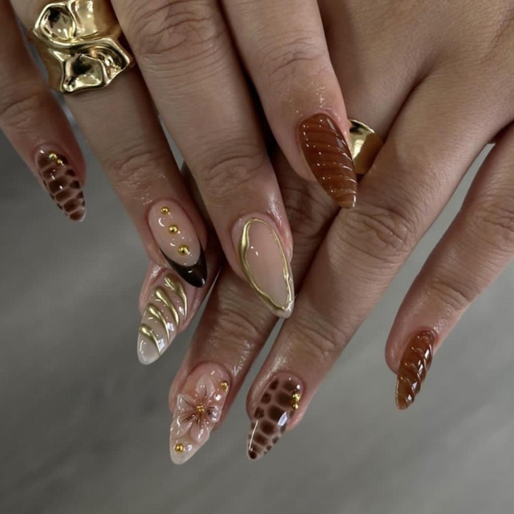 3D Crocodile Pattern Almond Shape Nails: French Style Autumn/Winter Glitter with Floral Design
