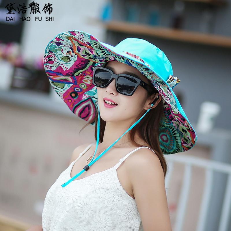 Korean version sun hat women's summer foldable large edge flower cloth hat sun hat double-sided super fire