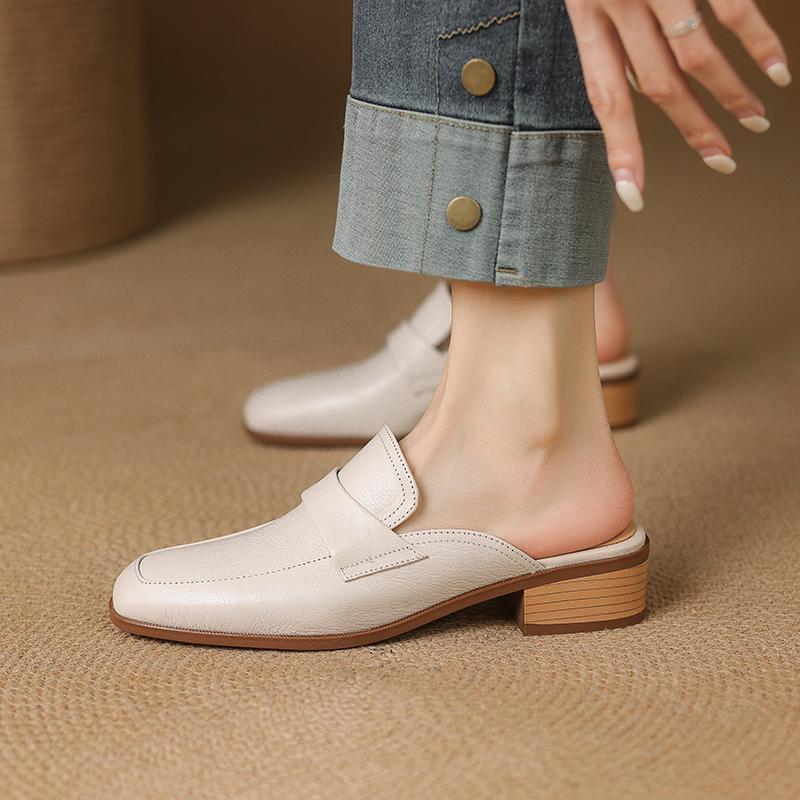 Fashion 2025 Summer Covered Toe Genuine Leather Slippers Women Thick Heels Casual Mules Summer Daily Walk Sheepskin Leather Slippers