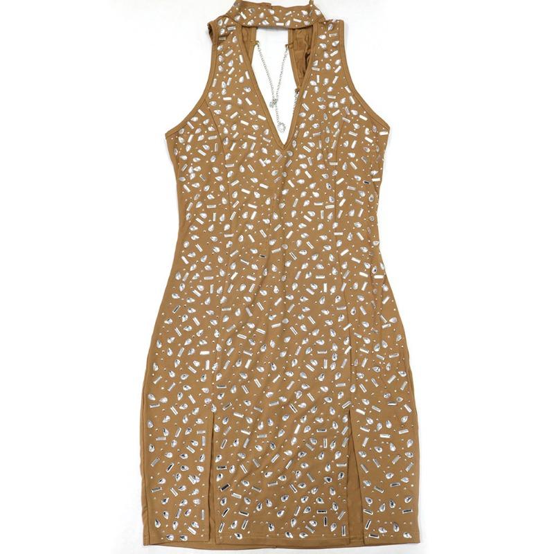 Women's Halter Dress Sexy Deep V Slit Dress Chain Dress