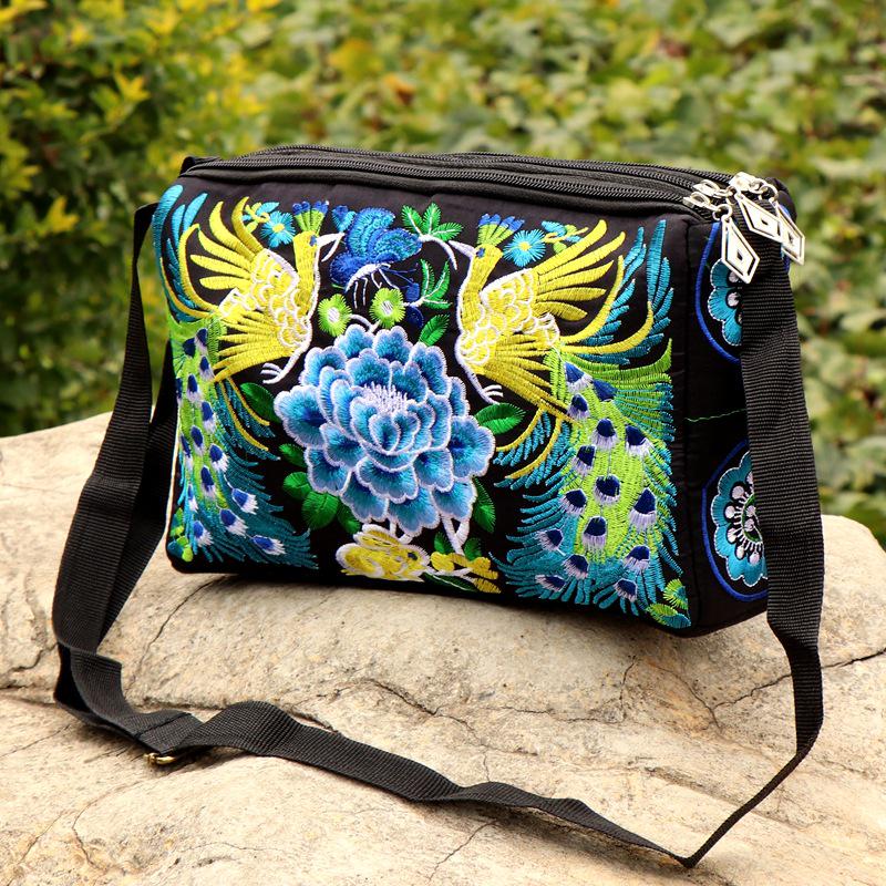 Yunnan Ethnic Embroidered One-Shoulder Crossbody Bag with Three Zippers - Large Size for Ladies