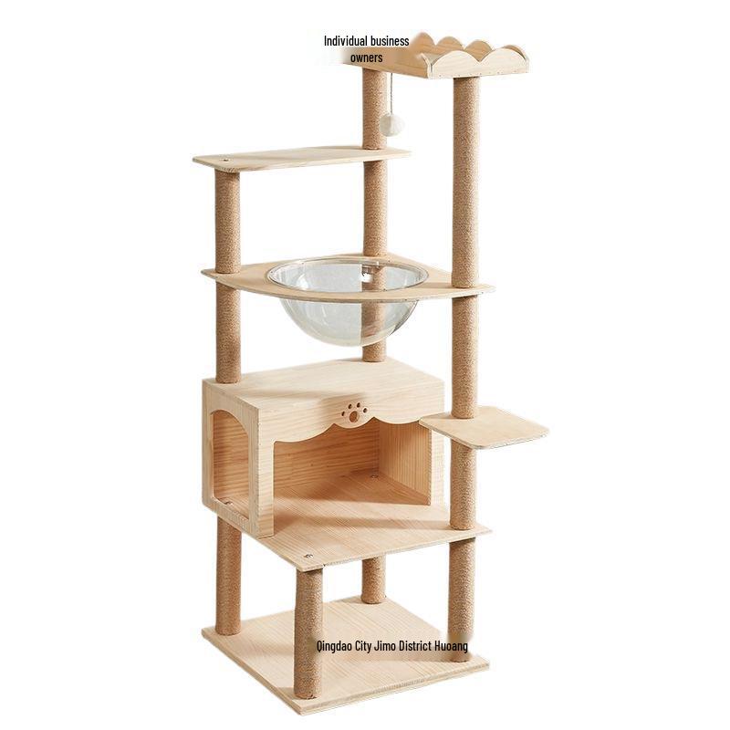 Solid Wood Multi-Layer Cat Climbing Frame with Space Capsule Bed and Shelf