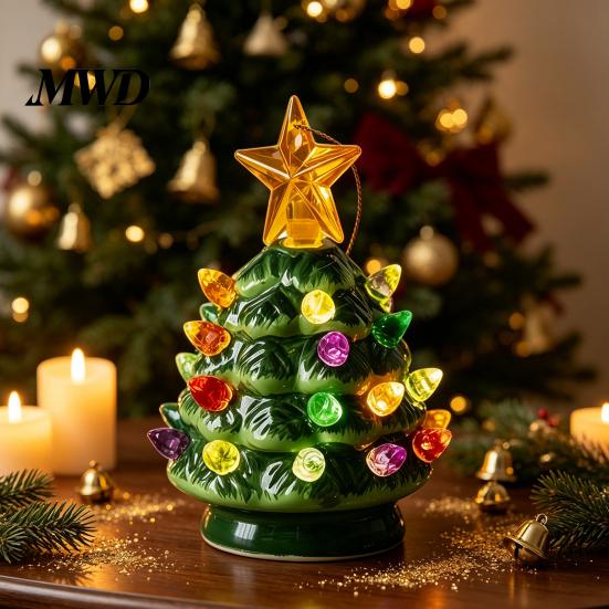 Office Desk Holiday Decorations Christmas Tree Ornament, Glowing Retro Resin Tabletop Decor with Star Mini Topper, Vintage Xmas Trees Night Light for