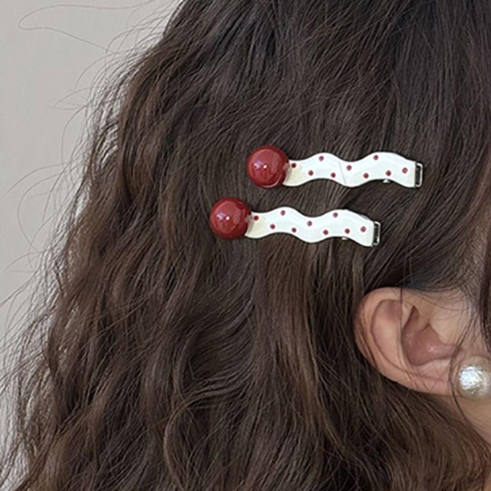 2 PCS Red Heart Bangs Duckbill Hair Clips Polka Dot and White Wave Point Hair Accessories  For Girls