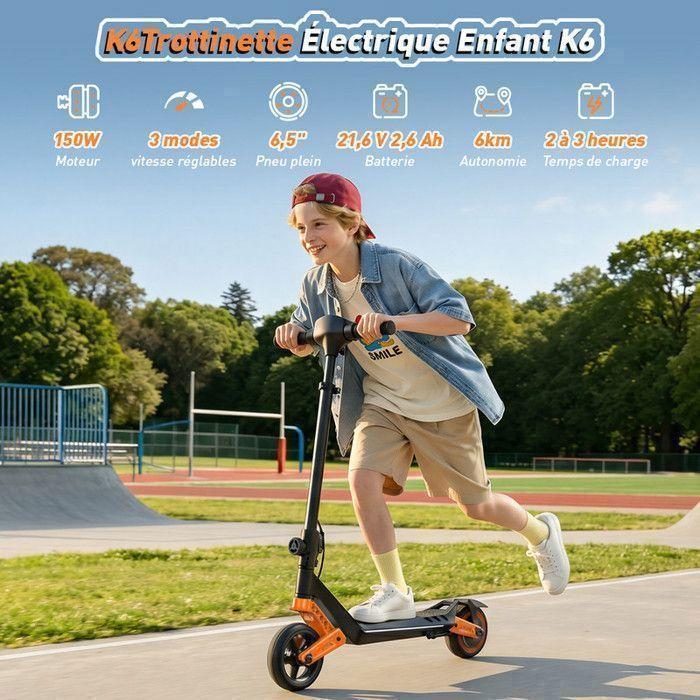 Children's Electric Scooter 6" AGILERIDE AT-B3O Orange, 3 Speeds, Adjustable Height, 150W, Multi-Colored LED, 6-12 Years, Bluetooth
