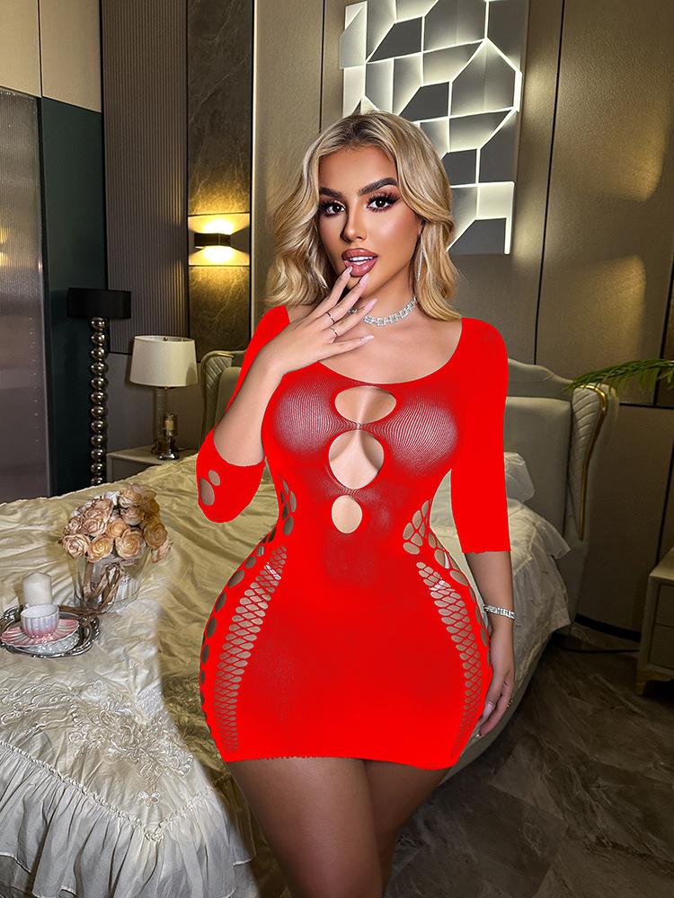 Long-sleeved ripped sex underwear foreign trade one-piece tights mesh coat hollow backless hip skirt w844