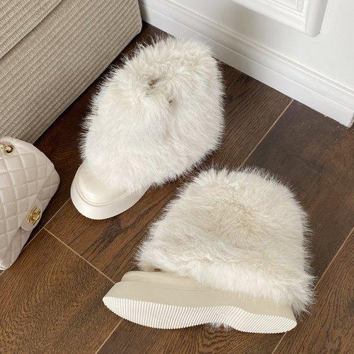 Fashion Winter Fuzzy Boots Women Furry Shoes Fluffy Fur Snow Boots Plush Lining Slip-on Rubber Flat Outdoor Bowtie Warm Ladies Footwear