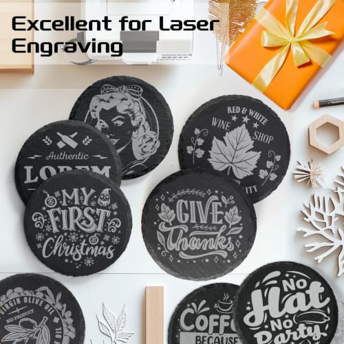 MAPRIAL Slate Coasters with Holders, Set of 12, Round Black Slate Stone DIY Coasters with Scratch-Resistant Backing, Halloween, Christmas, Bar, Kitche