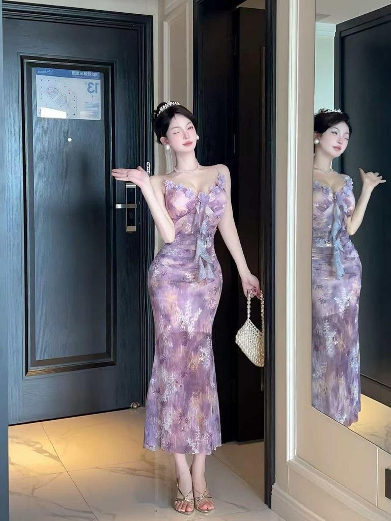 Mature Style Slimming Spaghetti Strap Mesh Print Fishtail Dress