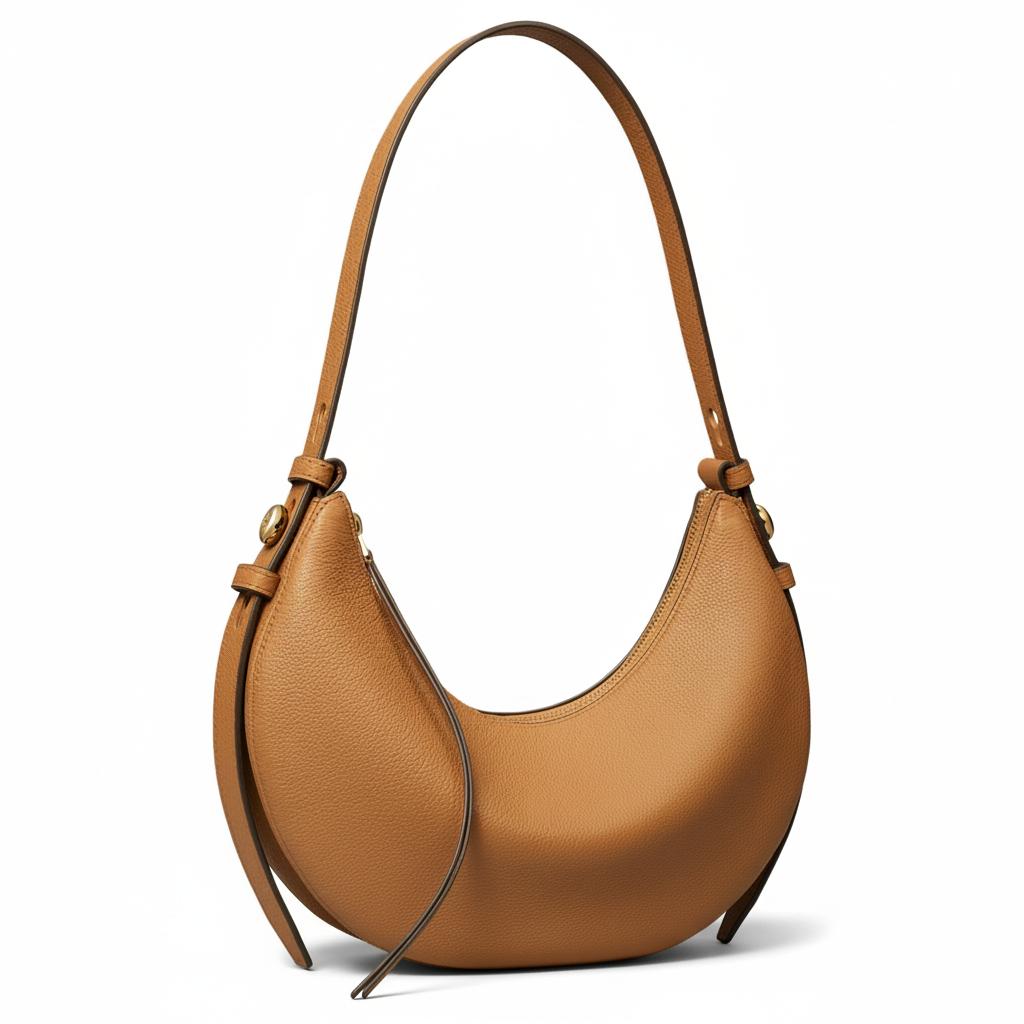 Tory Burch Romy Zipper Closure Adjustable Shoulder Strap Leather Crescent Bag Women Shoulder Bag Tiramisu 178677-227